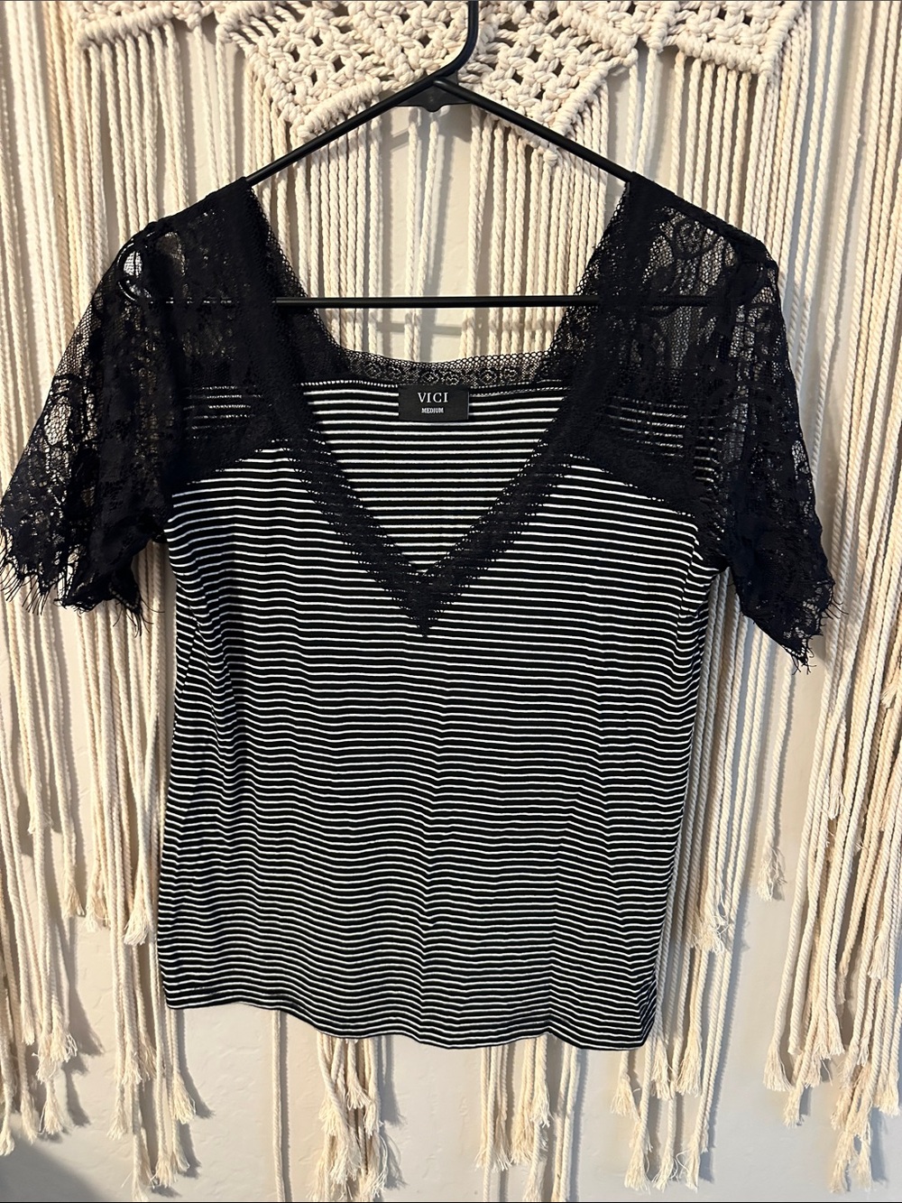 VICI Black & White Striped V-Neck Lace Sleeve Top